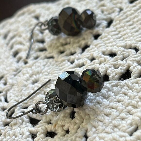 Handmade Glass Bead Earrings 1.5in Hooks Black Coated Beads Dark Silver Tone - Picture 11 of 14